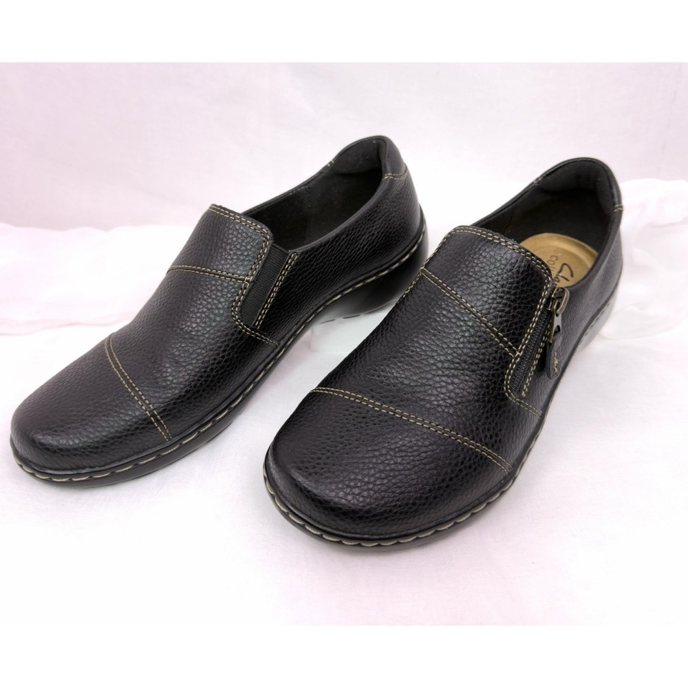 Clarks Cora Harbor Black Leather Slip On Shoes Side‎ Zip Comfort Womens 7.5 NWOB